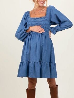 Smocked Blue Chambray Maternity Dress